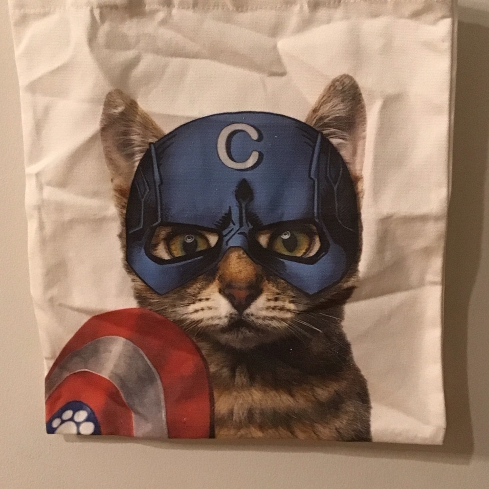 NWOT! Super Hero Cat Canvas Tote Bag - Blue and Red Captain America - Picture 2 of 5